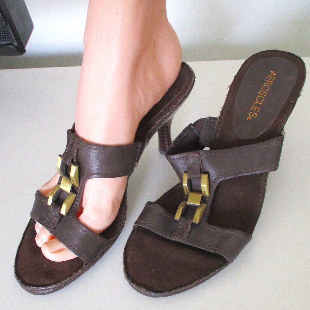 Aerosoles "Fundamental" Womens Brown Leather Slide Sandal w/3" Heel - Size 7M